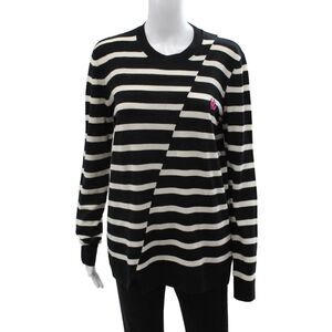 McQ Unisex Black Wool Striped Pullover Sweater Crew Neck Bird Size L